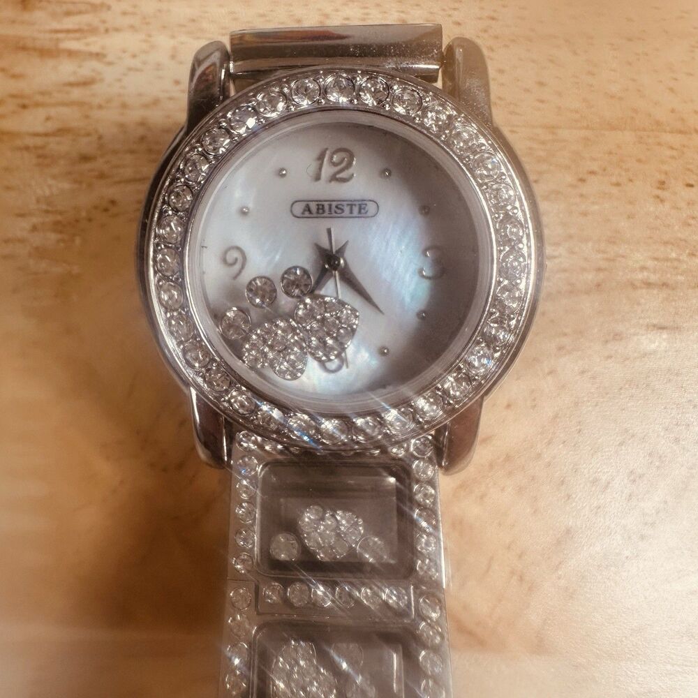 Abiste Japanese Silver Tone Quartz Women’s Watch Floating Faux Diamond Charms